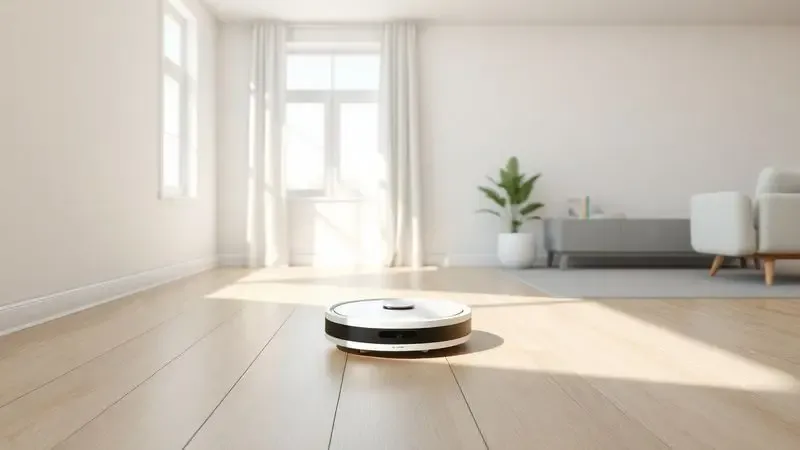 Robô aspirador moderno limpando um piso de madeira em uma sala de estar ensolarada e minimalista.