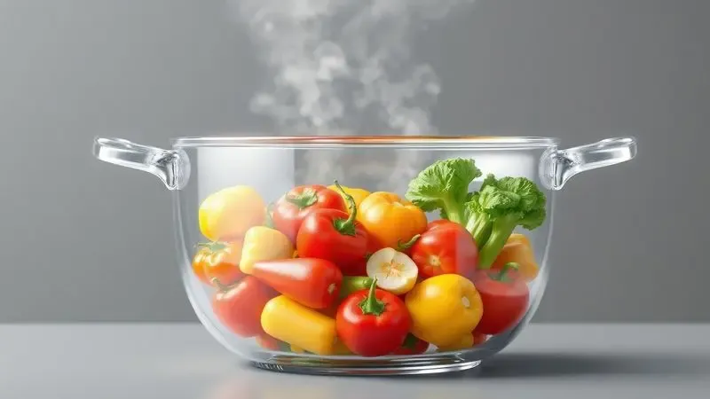 Vegetais frescos sendo preparados em uma panela de vidro transparente, ilustrando saúde na cozinha.