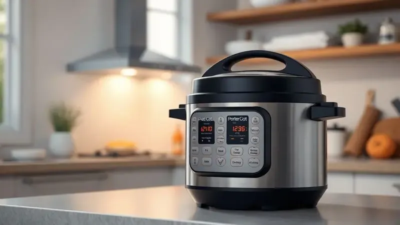 Cozinha tranquila com panela de pressão elétrica moderna transmitindo segurança e silêncio.