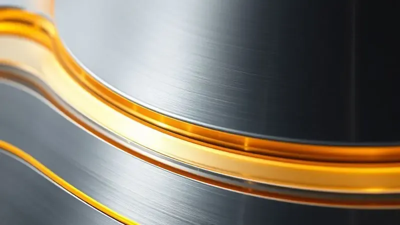 Close-up artístico em 3D de superfícies metálicas tecnológicas representando a qualidade e durabilidade de materiais de cozinha.