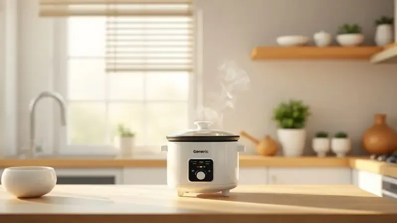 Cena de cozinha moderna e minimalista com uma panela elétrica de arroz emitindo vapor suave, ilustrando praticidade.