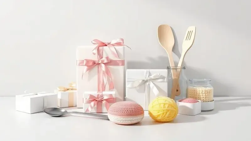 Ilustração de acessórios de cozinha e embalagens de presente em estilo minimalista e tons pastéis.