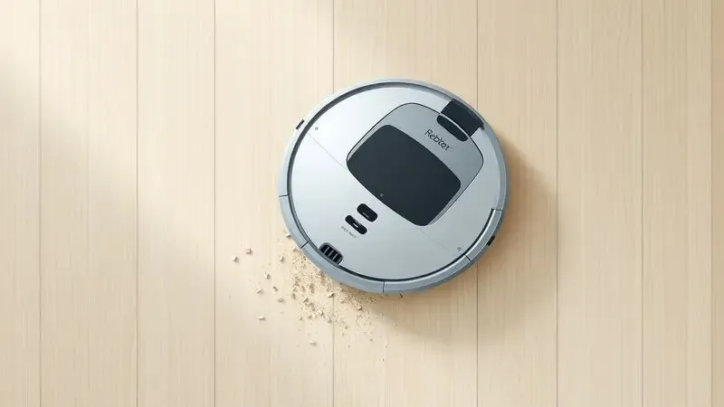 Ilustração 3D de um robô aspirador removendo poeira e detritos de um piso laminado claro.