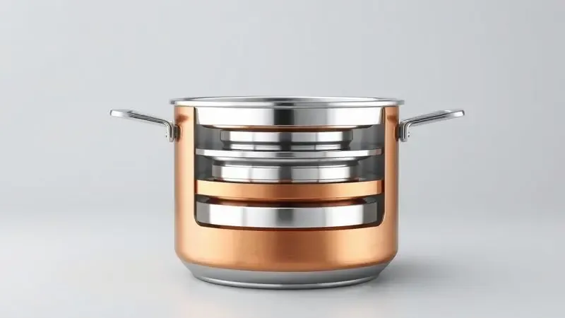 Ilustração digital detalhando a estrutura interna multicamadas de uma panela de alta performance, mostrando materiais como cobre e aço inox.
