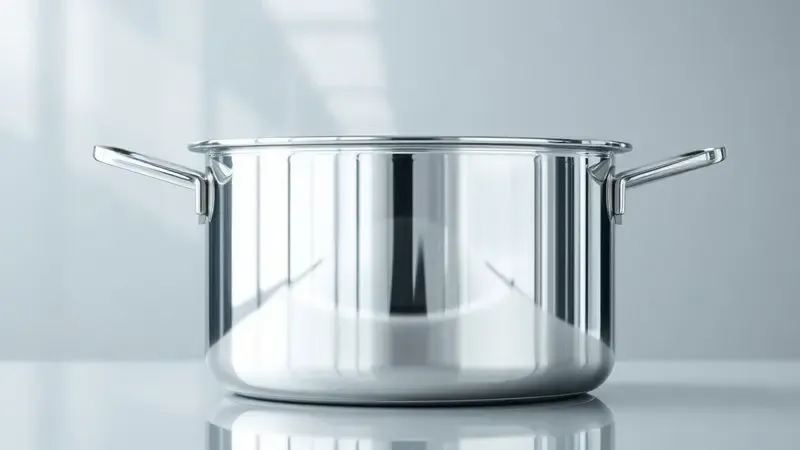 Desenho digital de uma panela de aço inoxidável de alta qualidade refletindo um ambiente de cozinha profissional.
