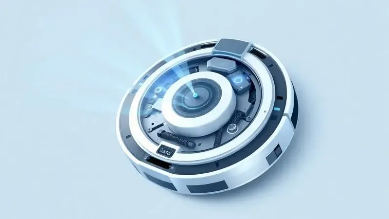 Ilustração digital dos sensores e componentes internos conceituais de um robô aspirador inteligente.