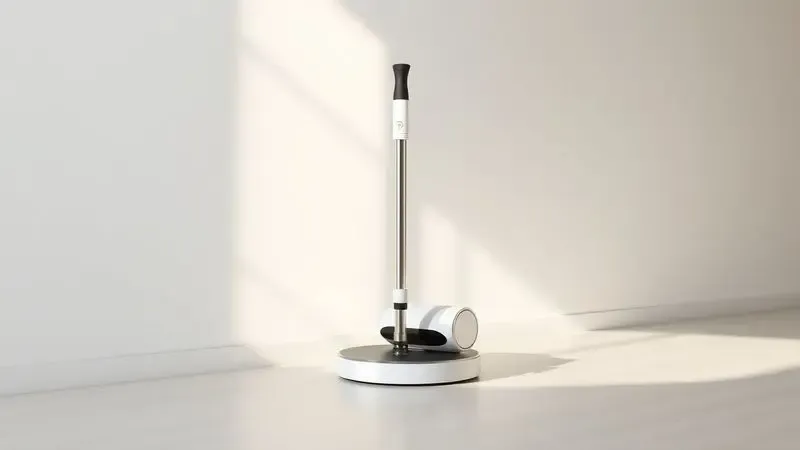 Ilustração conceitual de um robô aspirador retornando à sua base de carregamento em um ambiente doméstico clean.