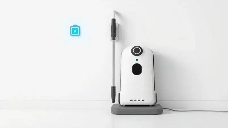 Desenho digital de um aspirador robô em sua base de carregamento com ícone conceitual de bateria.