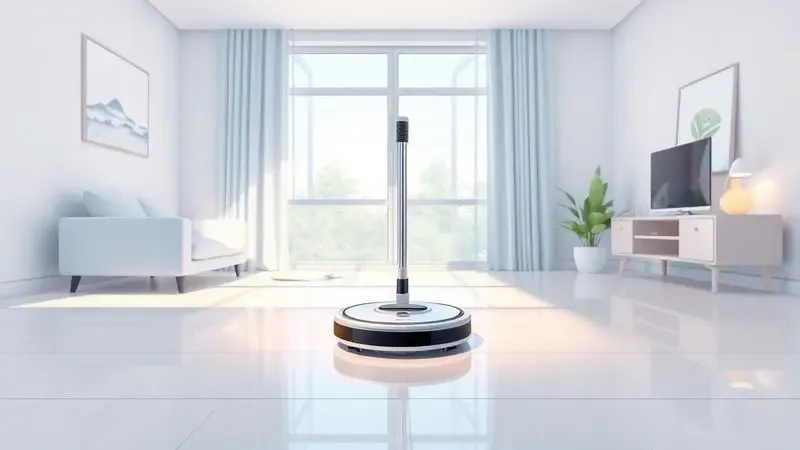Ilustração de um ambiente doméstico limpo e iluminado com um robô aspirador operando em um piso brilhante.