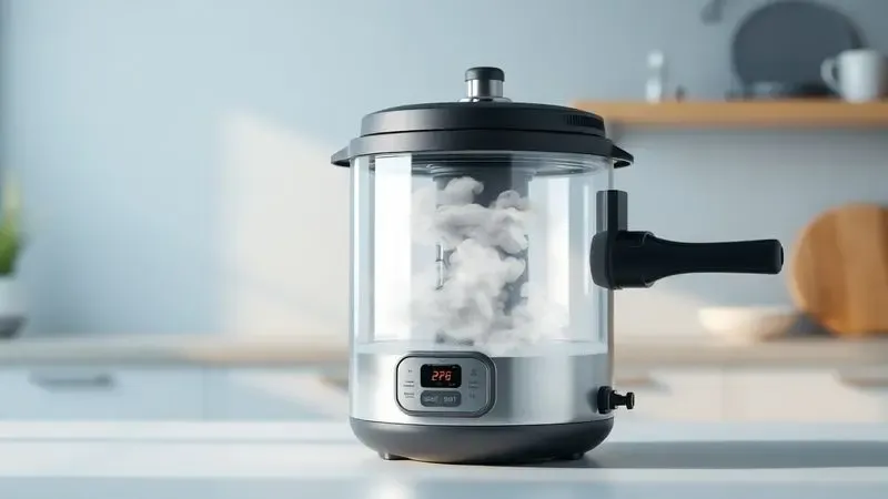 Ilustração 3D conceitual mostrando a pressão do vapor aumentando dentro de uma panela de pressão estilizada e minimalista.