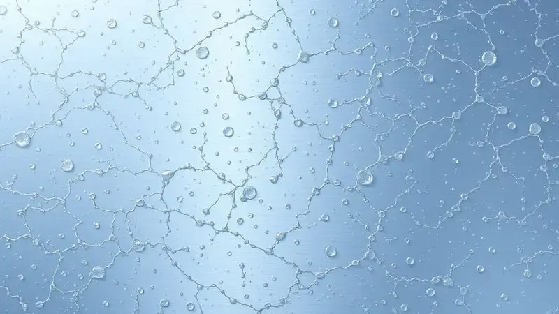 Ilustração digital detalhada mostrando a textura microscópica de oxidação em uma superfície metálica de alumínio em tons de prata e azul.