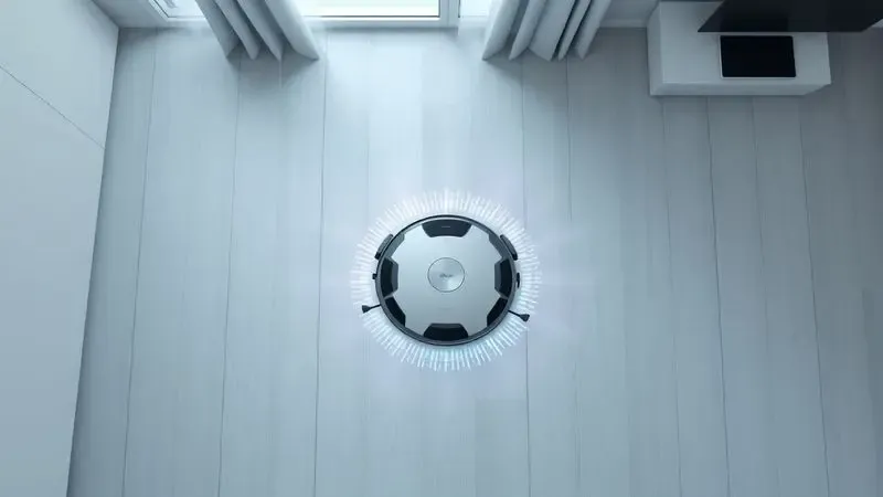 Ilustração conceitual de um robô aspirador percorrendo um trajeto de limpeza em um piso de madeira moderno.