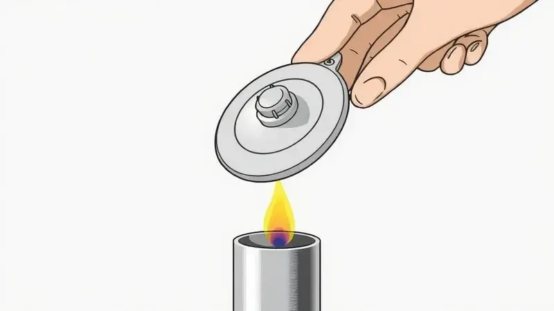 Ilustração técnica mostrando o uso da tampa abafadora para apagar a chama do queimador de fondue com segurança.