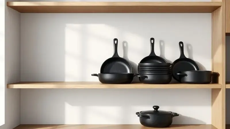 Renderização 3D de panelas de ferro organizadas em um armário minimalista com divisórias para evitar umidade.