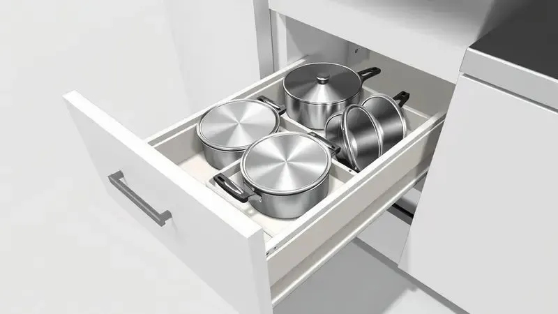 Gaveta de cozinha moderna organizada com suportes específicos para guardar panelas e tampas de forma otimizada.
