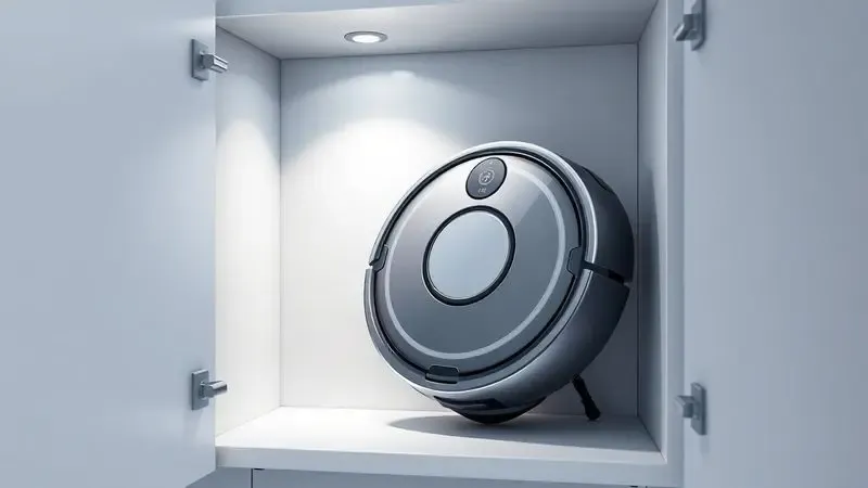 Ilustração de um robô aspirador guardado de forma segura em um armário minimalista, representando o armazenamento correto.