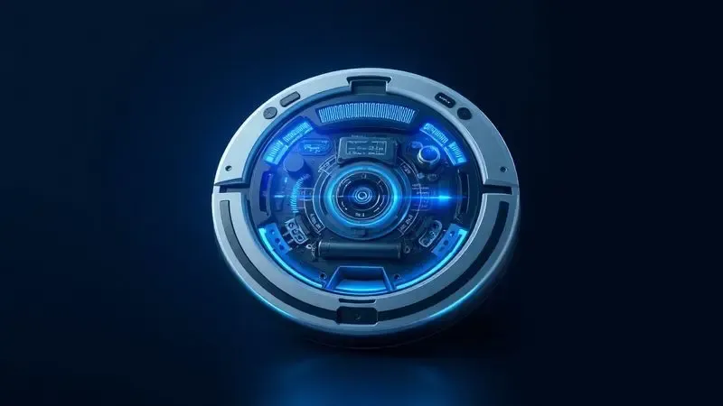 Ilustração técnica mostrando sensores e tecnologia de mapeamento inteligente de um robô aspirador genérico.