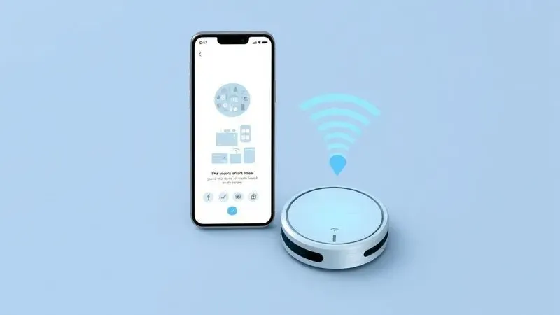 Ilustração digital de um smartphone configurando um robô aspirador minimalista através de uma conexão sem fio inteligente.