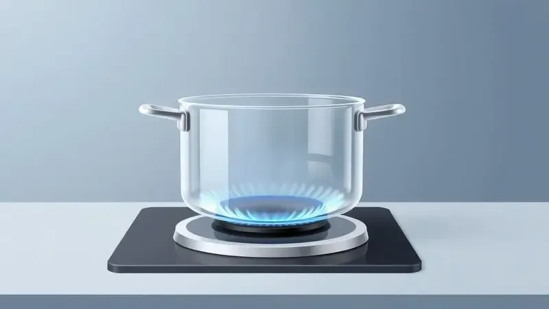 Ilustração digital de uma panela de vidro em um fogão moderno demonstrando segurança no preparo e controle de temperatura.