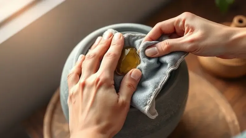 Ilustração do processo de cura de uma panela de pedra sabão sendo untada com óleo vegetal.