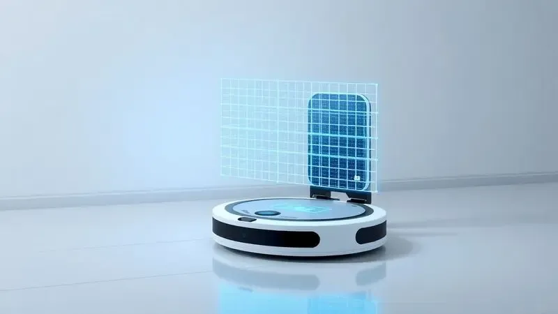 Ilustração 3D de um robô aspirador inteligente com sensores de mapeamento digital em um piso moderno e minimalista.