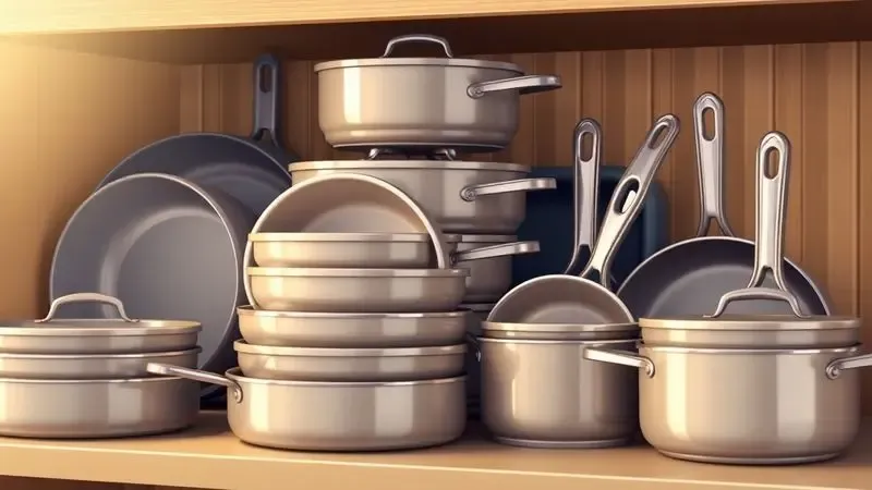 Ilustração digital de diversos tamanhos de panelas organizadas em uma prateleira de cozinha moderna.