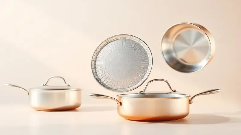 Representação conceitual de materiais de panelas como alumínio e inox em um ambiente 3D estilizado.