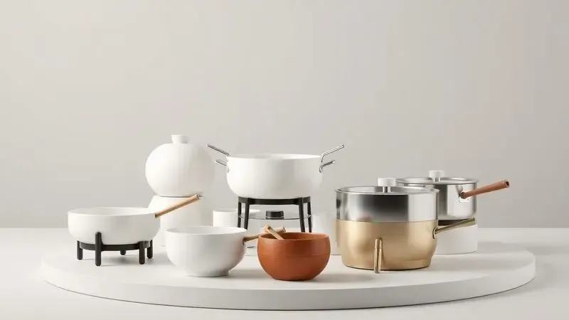 Ilustração 3D minimalista comparando diferentes materiais e designs de panelas de fondue em um ambiente clean.