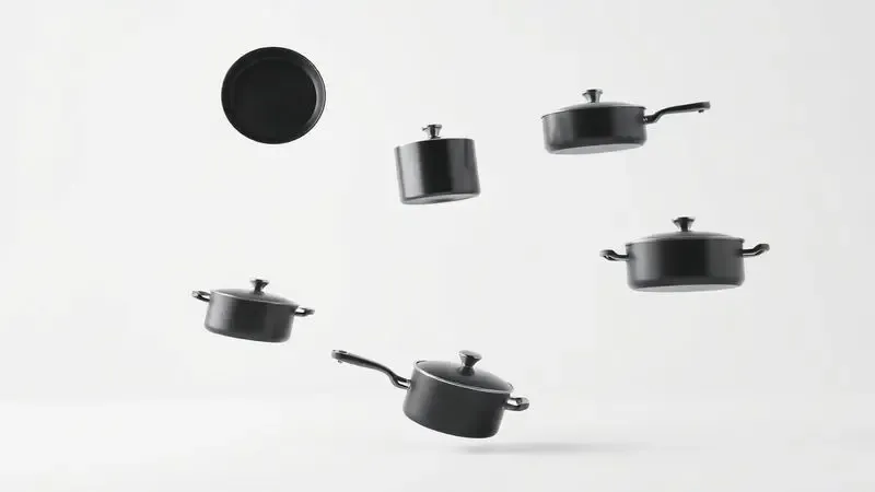 Representação 3D estilizada de diferentes formatos de panelas para escolha na cozinha.