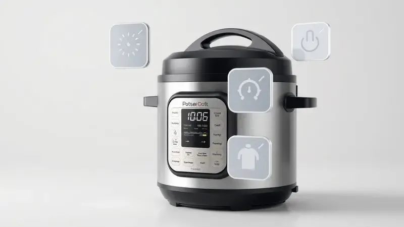 Representação artística de uma panela de pressão elétrica com ícones flutuantes simbolizando tecnologia e controle de temperatura.