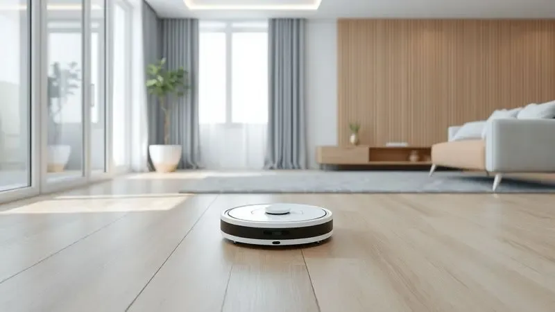 Ilustração 3D de um robô aspirador moderno navegando por uma sala de estar com design minimalista.