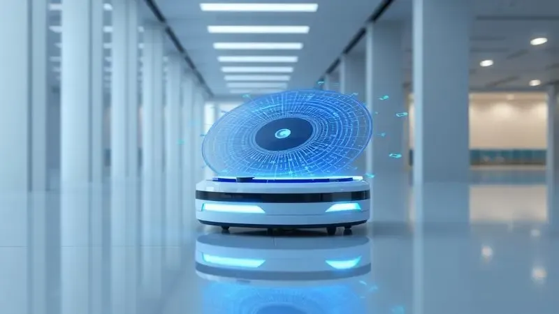 Ilustração 3D de um robô aspirador moderno com luzes de sensores de mapeamento em um ambiente tecnológico e futurista.