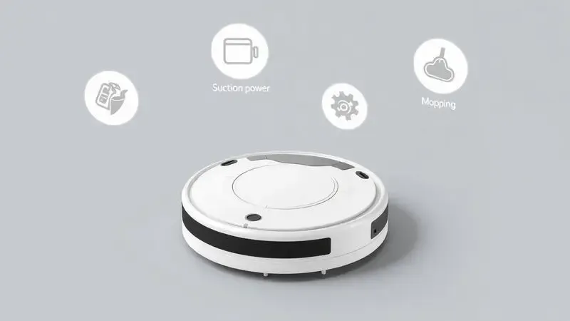 Renderização 3D conceitual de um robô aspirador cercado por ícones de tecnologia que representam potência e sensores.