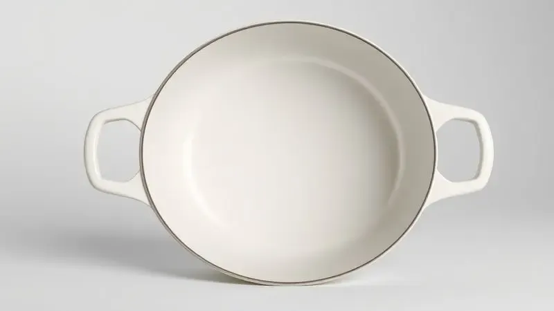 Ilustração 3D minimalista mostrando o revestimento interno liso e impecável de uma panela de cerâmica premium.