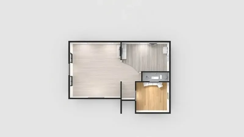 Ilustração 3D minimalista de uma planta de casa focando em diferentes tipos de pisos para escolha de robô aspirador.