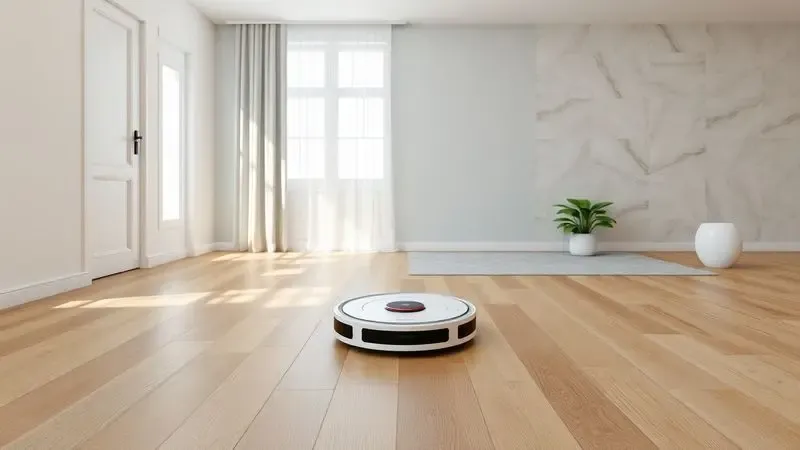 Ilustração 3D conceitual de um robô aspirador genérico navegando entre diferentes texturas de piso, como madeira e cerâmica.