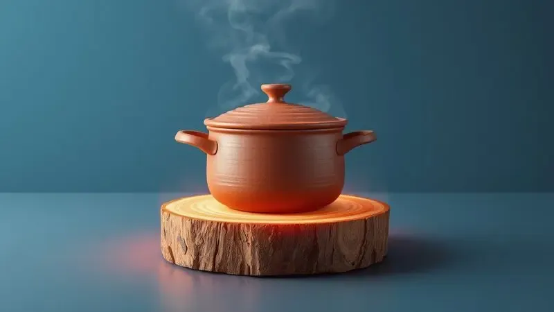 Ilustração conceitual de uma panela de barro quente sobre um descanso de madeira, representando o equilíbrio térmico.