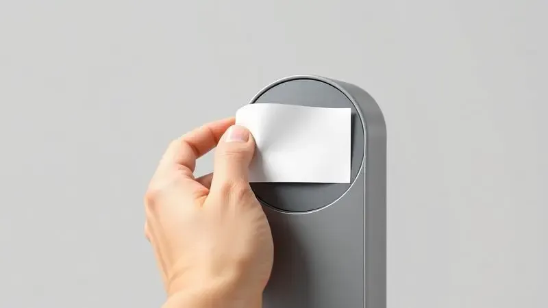 Ilustração de uma etiqueta branca sendo removida perfeitamente de um objeto liso e minimalista.