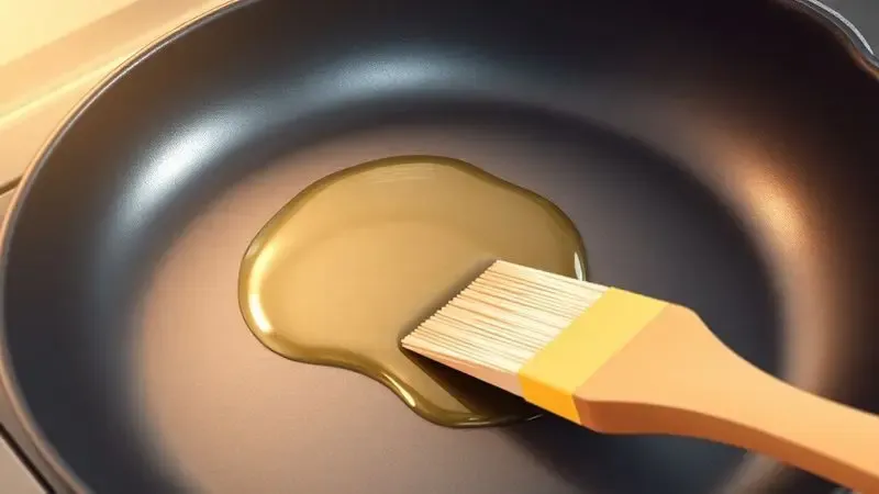 Ilustração conceitual do processo de cura de uma panela antiaderente com óleo e pincel de silicone.