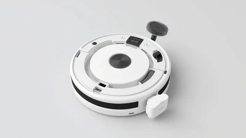 Renderização 3D demonstrando a limpeza e troca de peças para manutenção preventiva de um robô aspirador.