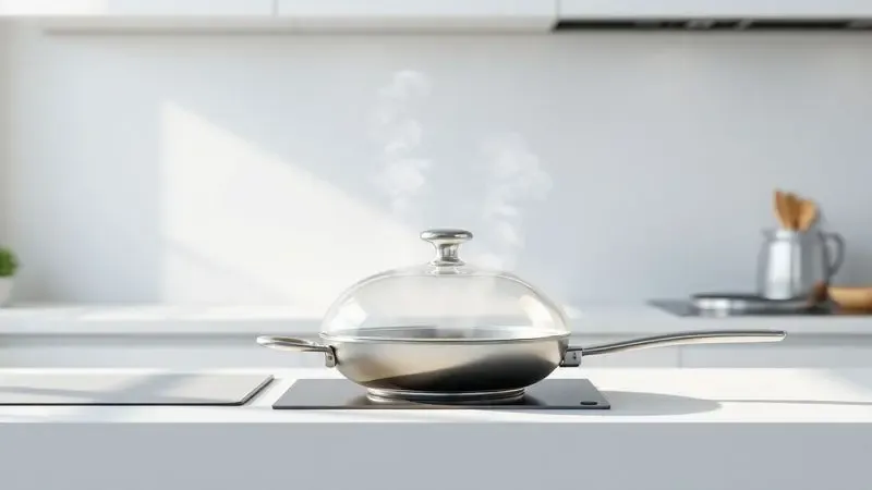 Renderização 3D de uma frigideira moderna com tampa de vidro e vapor suave, simbolizando uma cozinha limpa e organizada.
