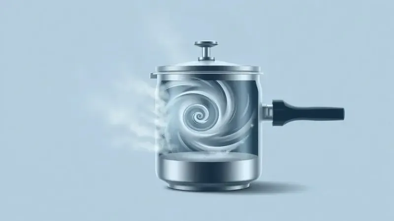 Ilustração conceitual mostrando o funcionamento interno e a pressão do vapor em uma panela de pressão com estilo artístico.