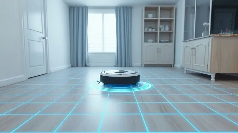 Representação conceitual de tecnologia de mapeamento digital por laser de um robô aspirador em um apartamento.