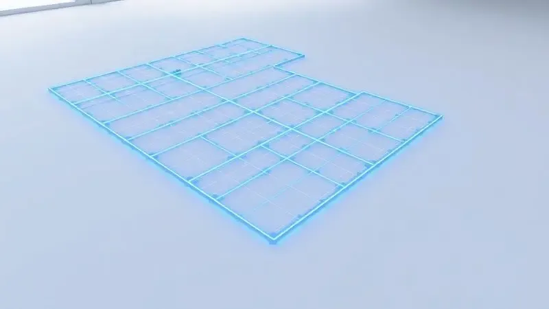 Ilustração 3D de um plano de casa digital sendo escaneado por sensores a laser de um robô aspirador.