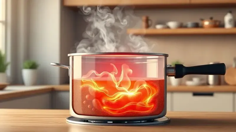 Ilustração 3D conceitual mostrando o funcionamento do calor e vapor brilhante dentro de uma panela elétrica.