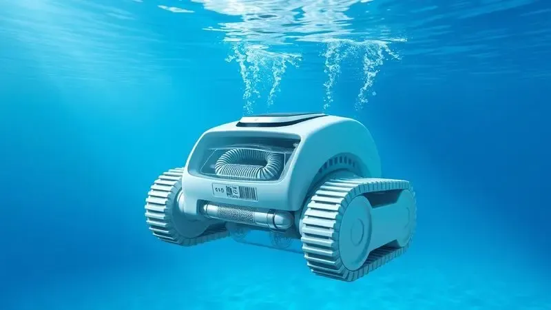Renderização 3D conceitual de um robô aspirador de piscina em operação subaquática com foco no sistema de sucção.