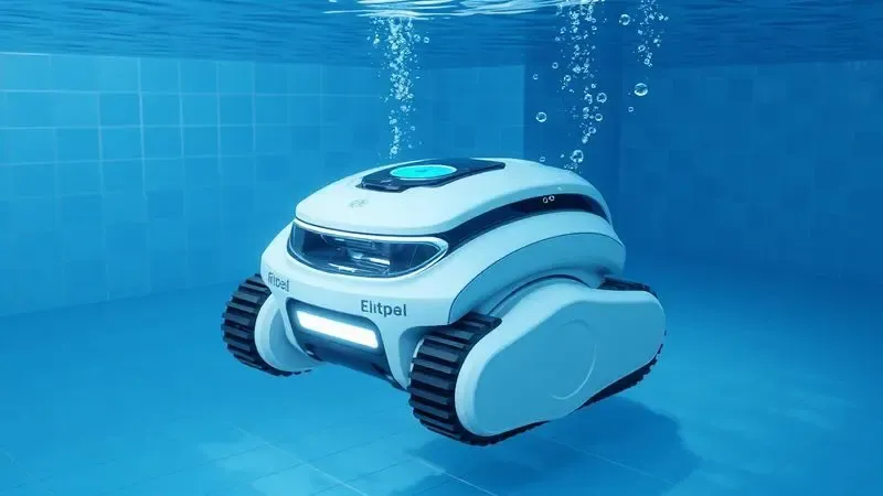Ilustração 3D de um robô de piscina unbranded operando no fundo de uma piscina de azulejos azuis com bolhas suaves.