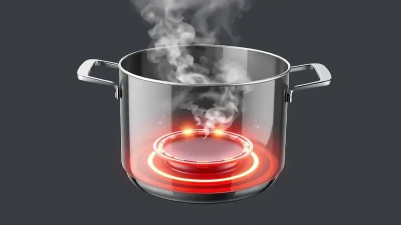Ilustração 3D conceitual mostrando o funcionamento interno de uma panela com calor e pressão em movimento.