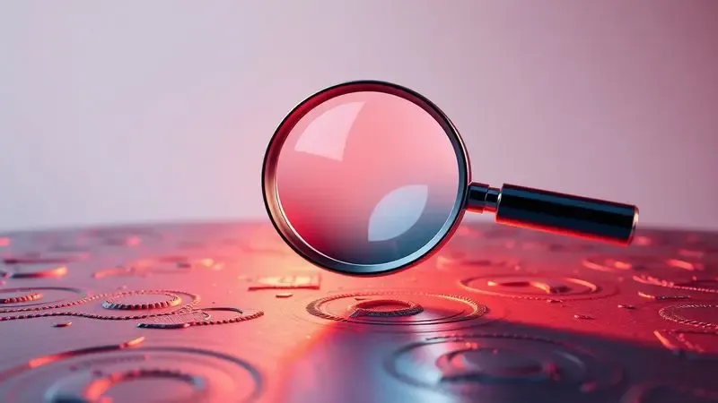 Renderização 3D de uma lupa estilizada examinando texturas metálicas para verificar a qualidade do material.