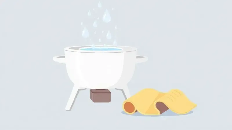 Ilustração conceitual sobre a limpeza cuidadosa de uma panela de fondue com elementos de água e brilho.